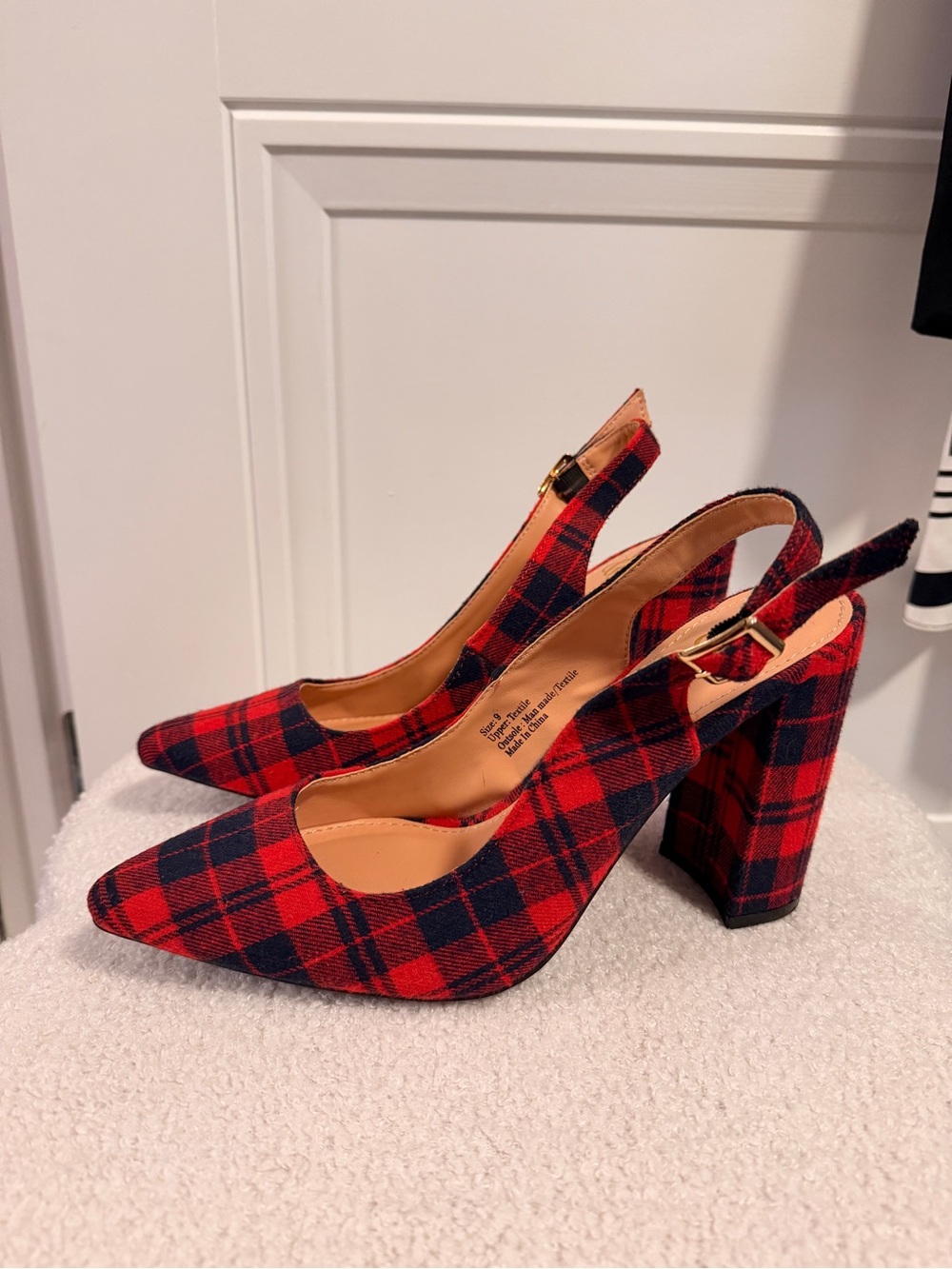 New York & Company Women's Red Plaid Slingback Block Heel Pumps